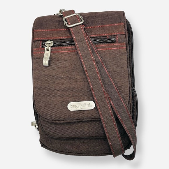 Baggallini Journey‎ Crossbody Bag Purse Brown Travel Bag Red Stitching - Picture 1 of 12